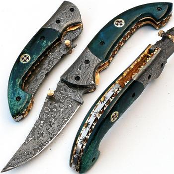 8736 cuchillo hecho a mano de Damasco - cuchillo de acero de Damasco - cuchillo plegable - cuchillo de caza - cuchillo de bolsillo - cuchillo de la colección - con la envoltura de cuero