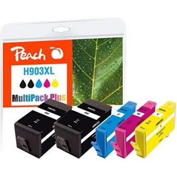Pack de Tintas Compatibles Peach 903XL (5 Piezas: 2 Negro, Cian, Magenta, Amarillo) Alto Rendimiento para HP No. 903XL