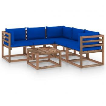Set de muebles de jardín 6 piezas con cojines azules de madera de pino impregnada