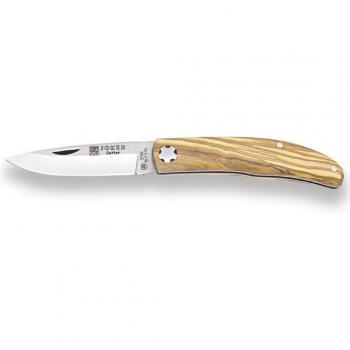 Navaja de bolsillo Joker Setter NO112 con bloqueo de pistón, cachas en madera de olivo y hoja MOVA de 6,5 cm - Ideal para pesca, caza, camping y senderismo