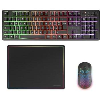 Combo Gaming Inalámbrico Mars Gaming MCPWX, Teclado FRGB Completo con Control Multimedia + Ratón RGB 3200DPI + Alfombrilla Antideslizante 360x260mm, Negro