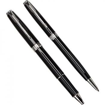 Parker Sonnet set de regalo doble con bolígrafo y rotulador roller, negro brillante con adorno cromado, cartucho y recambio de tinta negra, estuche de regalo