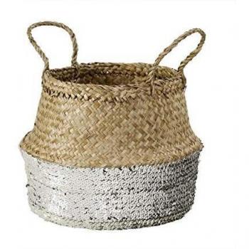 Cesta Redonda de Jonc de Mar con Brillos Plateados - CASAME - 35 x 35 x 15 cm