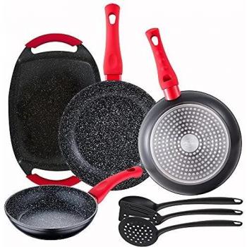 San Ignacio Pack 3 sartenes Energy Ø20/24/28 cm + Plancha grill asador de 37x25 cm + Set de 3 utensilios de cocina en nylon