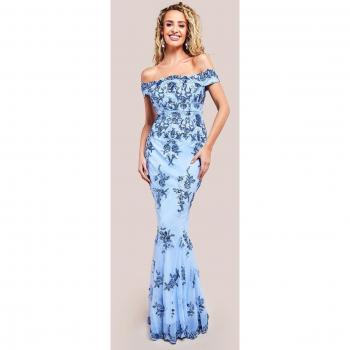 Goddiva Bardot Sequin Embroidered Maxi Dress - Powder Blue