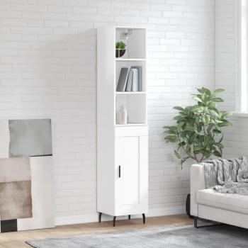 Aparador alto de madera contrachapada blanco brillo 34,5x34x180 cm con 1 puerta de madera, mueble de almacenaje para salón, buffet y armario auxiliar