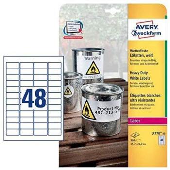 Avery L4778-20 - Caja de 20 hojas etiquetas poliéster, 45.7 x 21.2 mm, color blanco