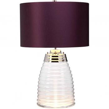 Lámpara de mesa Milne metalizado níquel pulido con base de cristal transparente y pantalla aubergine, altura 41 cm
