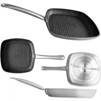 Quttin - Parrilla Asadora Antiadherente de inducción Platinum con Mango Metalico. Para todo tipo de cocinas. Aluminio Pfluon. Resistente Duradera Calidad Protector de Fieltro. Asadora Cuadrada 28 cm