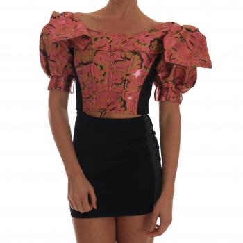 Pink Metallic Puff Sleeve Brocade Cropped Top - Dolce & Gabbana, Blouses, Female, Size: XS
