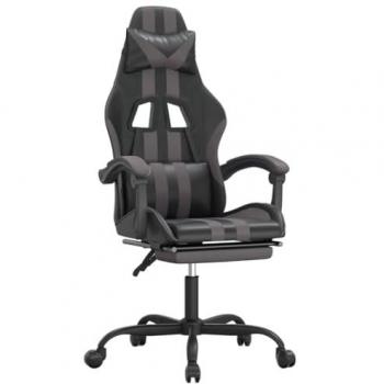 Silla gaming con reposapiés cuero sintético negro gris, asiento con reposabrazos, ruedas giratorias, altura ajustable, diseño profesional