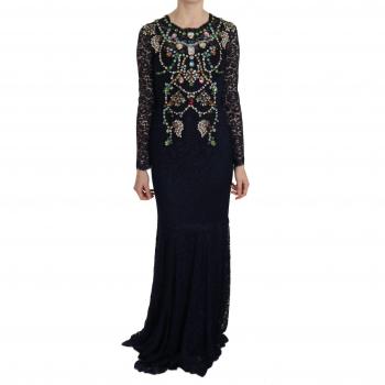 Dolce & Gabbana Blue Crystal Floral Lace Long Gown Dress - IT38|XS, Maxi Dress, Female, Color: Blue, Size: 2XS