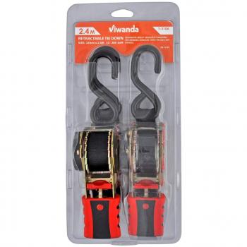 Viwanda - 2x Cintas de Trincaje retretráctiles de 25mm x 2.4M con correas de amarre de poliester de seguridad negras