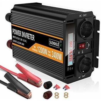 SUDOKEJI Inversor de Corriente 1200W 2400W Convertidor 12V 220V con Pantalla LCD,Puerto USB,2 Tomas de CA,para Camping Accesorio