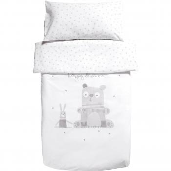 Praia Bobo - Funda nórdica tríptico de 110 x 170 cm para cuna 70 x 140 cm, color blanco y gris