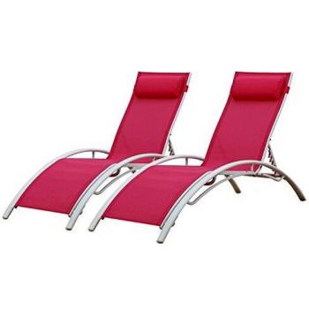 Lote de 2 tumbonas Galapagos en textileno rosa y aluminio blanco - Tumbona exterior multiposición
