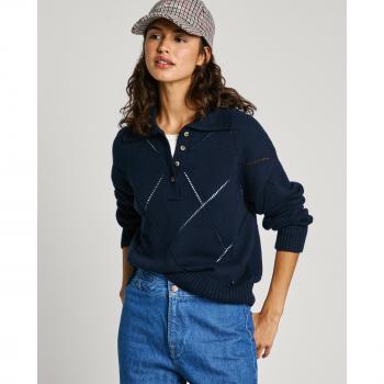 Pepe Jeans Jersey de mujer cuello polo con detalle de rombos Idris Azul