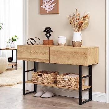 Mesa Consola Varberg con 2 Cajones y Estante Regulable - Metal Aglomerado 75 x 120 x 30 cm - Efecto Roble y Negro