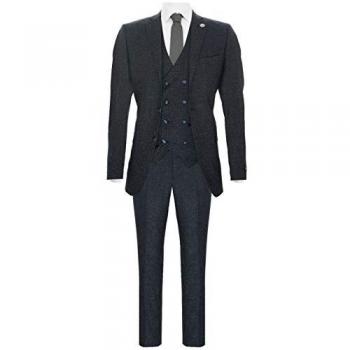 Navy Blue Wool 3-Piece Double Breasted Suit with Tweed Waistcoat - Peaky Blinders Style, 1920s, Size 38