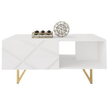 Mesa de centro angular Merced M104, Aglomerado laminado, Blanco y Blanco brillante, 100 x 59 x 44 cm