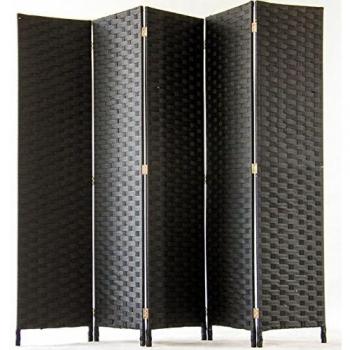 Biombo de 5 paneles de fibras naturales color negro - Dimensiones: A180 x L225 cm