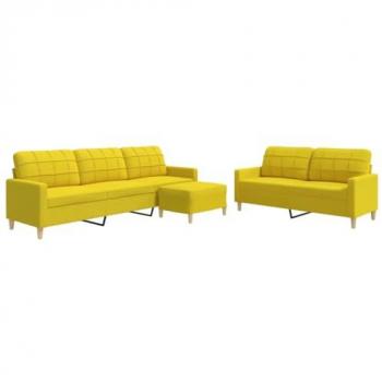 Juego de 3 sofás con reposapiés amarillo claro en tela, incluye sofá, sillón de TV y sofá de relax