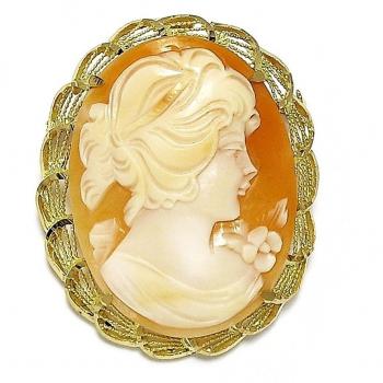Alfiler Colgante Oro 18k Camafeo 42mm Rostro Mujer Fondo Naranja y Insignia Profesional Comercio Oro 18k Escudo 16mm Cierre Solapero