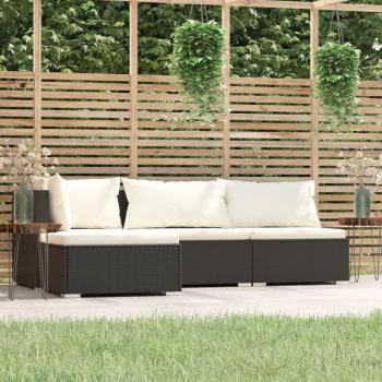 4-Piece Black Poly Rattan Garden Lounge Set with Cushions