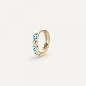 Pendiente Piercing Aro Protección Ojo Azul de Plata 925 Baño de Oro 18K con Motivos de Ojos Turcos