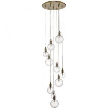 Lámpara colgante Dita de Dar Lighting, Latón cepillado y cristal estriado, 10 bombillas G4, altura ajustable hasta 150 cm