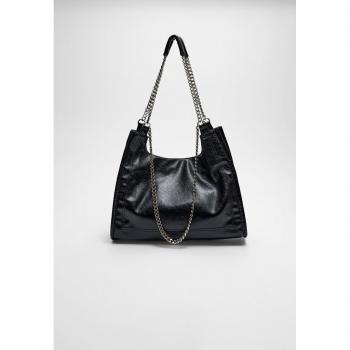 Black Faux Leather Chain Tote Bag OS