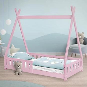Cama Infantil Tipi 80x160 cm con Protección Anticaída y Somier de Madera de Pino Maciza Color Rosa Forma de Casa