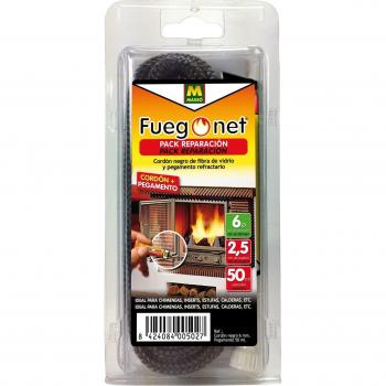 Fuegonet 231242 Pack de reparación cordón Negro + Cola refractaria, Fibra de Vidrio, 2,5m de Longitud y 6mm de diámetro