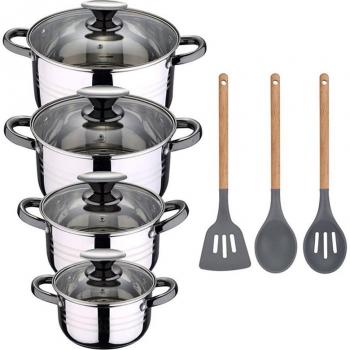 Batería de Cocina 8 Piezas San Ignacio Hita Acero Inoxidable + Set 3 Utensilios Silicona Daimiel