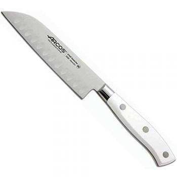 Cuchillo Santoku Asiático Arcos Serie Riviera Blanc, Hoja de Acero Inoxidable Forjado Nitrum 140 mm, Mango de Polioximetileno Blanco