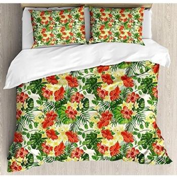 Juego de sábanas tropicales de 3 piezas Juego de fundas nórdicas, diseño exótico con flores y hojas de palmera Plumeria Hibiscus Monstera, juego de fundas de edredón / edredón de 3 piezas con 2 fundas