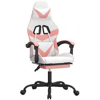 Silla Gaming con Reposapiés de Cuero Sintético Blanco y Rosa, Asiento Reposabrazos, Ruedas Giratorias, Altura Ajustable