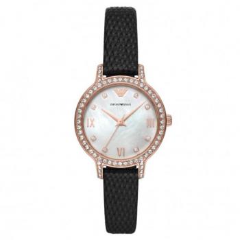 Emporio Armani Cleo Black Leather Strap Watch AR11485, Ladies Emporio Armani Watch, Multicolor female, Size: ONE SIZE, Three Hand Date Movement, 32 mm Stainless Steel Case with Pro-Planet Leather Strap