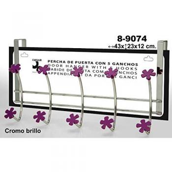 DonRegaloWeb - Percha de puerta con 5 ganchos de metal decorada con flores en color cromado y violeta