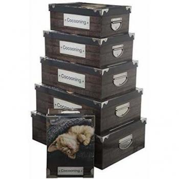 Conjunto de 6 cajas de almacenamiento cocooning con esquinas metálicas - Marrón - Dimensiones variadas