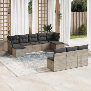 10-Piece Grey Poly Rattan Garden Sofa Set with Cushions