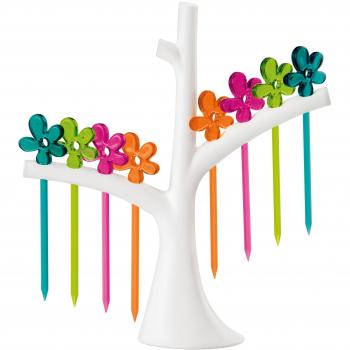 Koziol April - Set de 8 Pinchos, diseño de Flores, para Aperitivos, Tapas, Soporte en Forma de árbol, Colores Variados