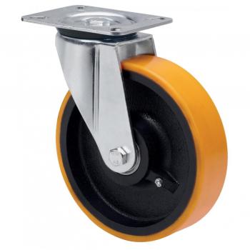Rueda Giratoria Alex Serie ZVR-HU con Platina, Sin Freno, 4mm, 10ZVR150-Hub, Hierro y Poliuretano Naranja con Eje de Bolas