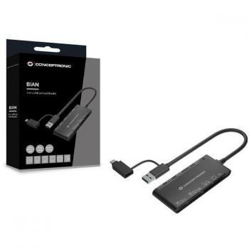 Conceptronic StreamVault BIAN03B Lector de Tarjetas Externo USB 3.2 Gen 1 (3.1 Gen 1) Type-A y USB-C Negro, Compatible con SD/SDHC/SD