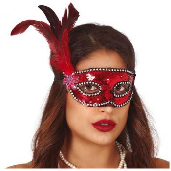 Antifaz de Lentejuelas Rojo con Plumas