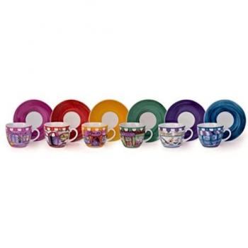 Excelsa 90 cl 6 Tazas de café con Plato Shops, Porcelana, Multicolor