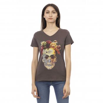 Trussardi Action Brown Cotton V-Neck T-Shirt with Front Print - Size S