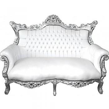 Casa Padrino Baroque 2-Seater Sofa Master White Leather Look/Silver - Antique Style Furniture