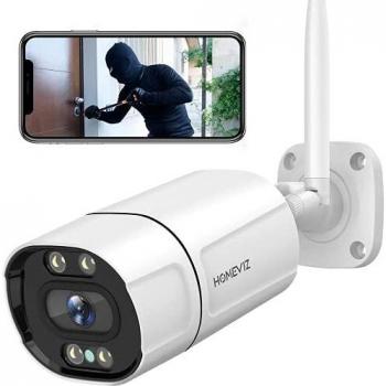 Homeviz OB10 Cámara de Vigilancia WiFi Exterior 2K 3MP Cámara de Seguridad con Visión Nocturna a Todo Color, Movimiento/ Detección Humanoide, IP66 Resistente al Agua, Mensaje Push, Audio Bidireccional