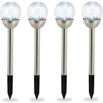 Juego de 4 Luces Solares para Jardín, Lámparas Modernas en Esfera de Vidrio Roto, Impermeables, Luz Blanca, Plateadas